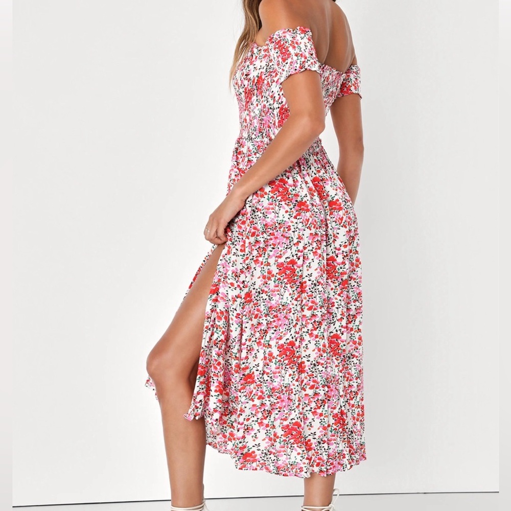 LULUS View from the Meadow Cream Floral Print Off-the-Shoulder Dress